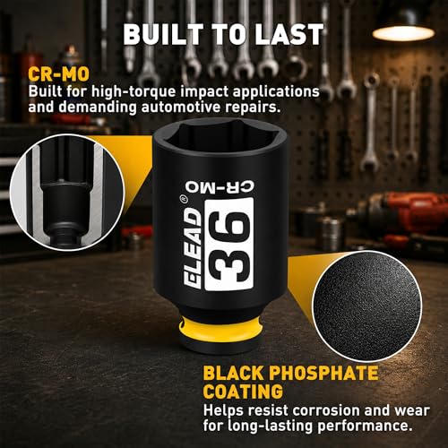 Image of ELEAD 36mm Socket 1 /2 inch Drive Deep Impact Socket, Metric 6 Point 1 /2-inch Drive Impact Axle Nut Sockets, CR-MO Nut Socket Set, Oil Filter Sockets, Tools for Easy Removal of Axle Shaft Nuts