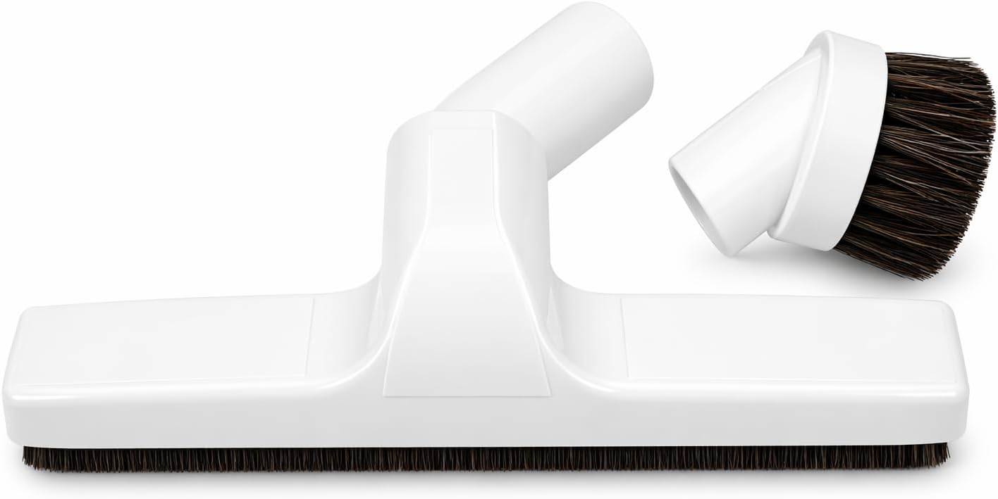 Plastic Floor Brush with Horse Hair Bristles Tool Attachment Fits 1.25 Inch Vacuum Cleaner Wands, 10 Inch Wide Cleaning Path, White.