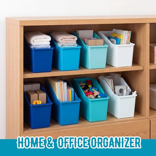 Image of Geetery 12 Pcs Plastic Book Bins for Classroom, Blue Color Scheme
