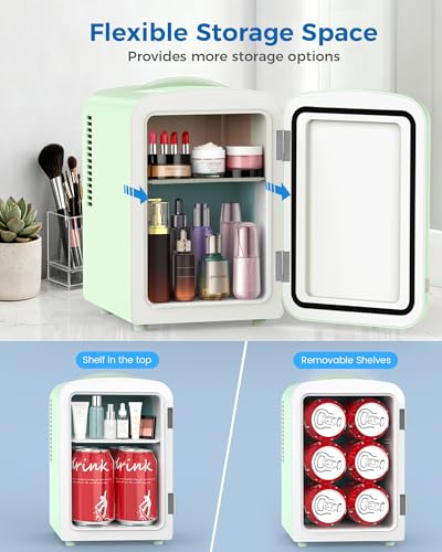 Image of Electactic Mini Fridge for Skincare, 4L /6 Cans Portable Compact Cosmetic Fridge, Retro Desktop Fridge with AC /DC Adapters, Small Cooler and Warmer for Beverage, Makeup, Bedroom, Office, Kids, Green