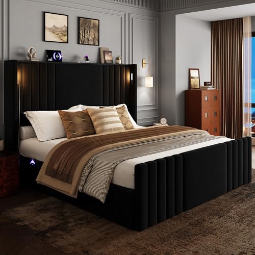 Image of Queen Bed Frame with 55.1 inch Tall Headboard, Velvet Upholstered Platform Bed with Channel Tufted Wingback, 2 Reading Lights /Storage Shelf /Charging Station /Easy Assembly /Noise-Free, Black