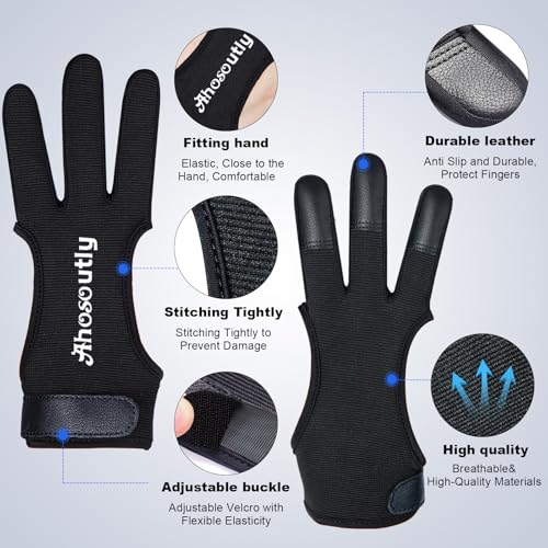 AHOSOUTLY Luva De Tiro Com Arco Couro Três Dedos, Proteção Elástica Para Tiro, Adultos E Crianças, E