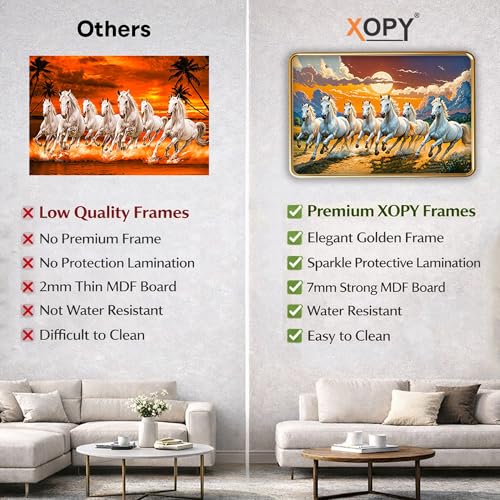 Image of XOPY Seven Running Horses with Golden Frame | Vastu 7 horses Raw Pyrite Painting for Home, Office & Living Room Wall Decore | 12X18 Inch Sparkle Laminated Frame | Best For Gifting (53315, 12X18)