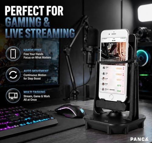 Image of PANCA Automatic Step Swing Device for 2 Phones, Mobile Shaker Rocker with Dual Phone Holder, Adjustable Desk Mount Step Counter Support for Recording Gaming Fitness Apps Compatible (Black)