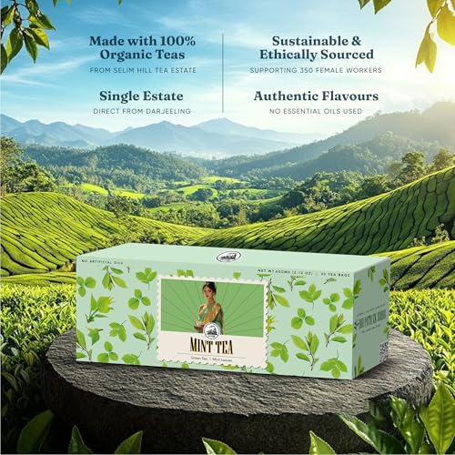 Image of Dorje Teas Mint Darjeeling Green Tea | 30 Pyramid Teabags (Pack of 1) | Selim Hill Estate | Cooling & Fresh Mint Flavour | Promotes Relaxation & Immunity | Organic Whole Leaf Blend | 30 Cups