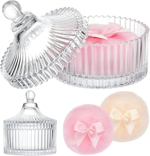 ZFFAFUR 3-Piece Deluxe Powder Puff and Jar Set - Crystal Glass Storage with Two Large Reusable Puffs for Face and Body - Classic Vanity Organizer