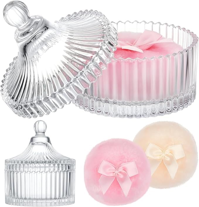 ZFFAFUR 3-Piece Deluxe Powder Puff and Jar Set - Crystal Glass Storage with Two Large Reusable Puffs for Face and Body - Classic Vanity Organizer