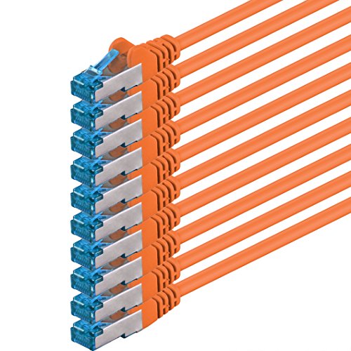 0,5m - Naranja - 10 Piezas - CAT6 Ethernet LAN Cable de Red Set 10 GB/s Cable Patch CAT6 S-FTP Doble blindado PIMF 250MHz halógenos Compatible con CAT5 CAT6a CAT7 CAT8