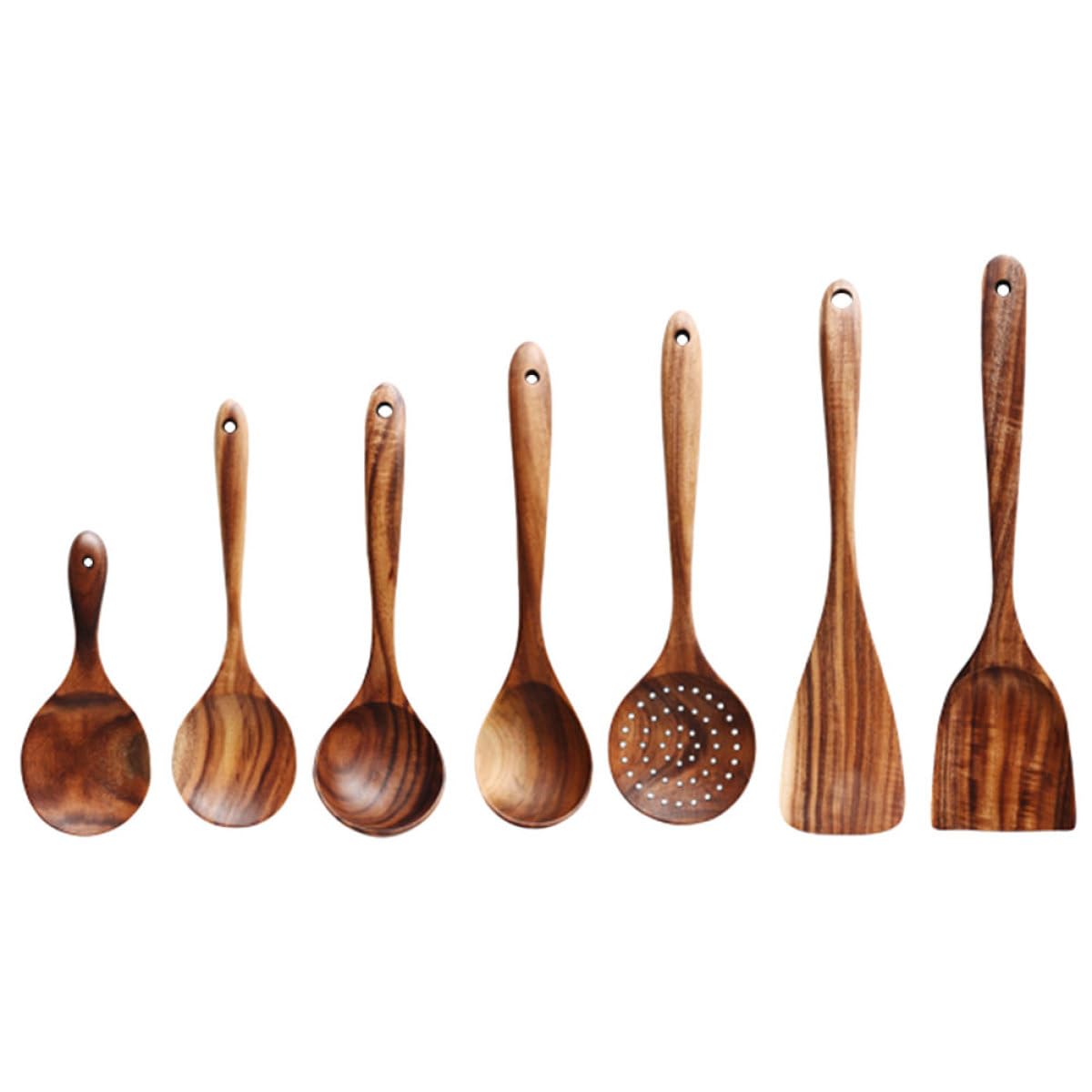 Set 7 Pezzi Cucchiai in Legno di Acacia per Cucina, Palette e Cucchiaini Compatti per Uso Domestico, Utensili Versatili con Manico Ergonomico per Mescolare e Servire