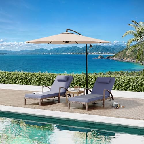 Garvee Chaise Lounge Outdoor Set of 2, PE Rattan Wicker Pool Lounge Chairs with 5-Level Adjustable Backrest, Blue Cushion, Armrest and Wheels, Outside