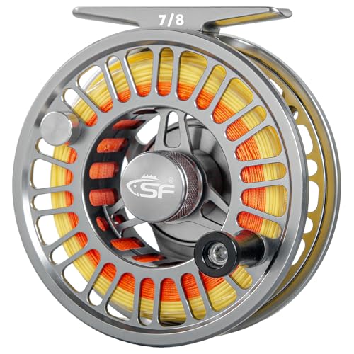 SF SF-003 Pro Fly Fishing Reel for Freshwater - CNC Machined, Mid Arbor Design, Smooth Drag System, Lightweight Aluminum Body - 7/8wt, Matte Gunmetal Gray,Pre-Loaded Fluorescent Yellow Fly Line Kit