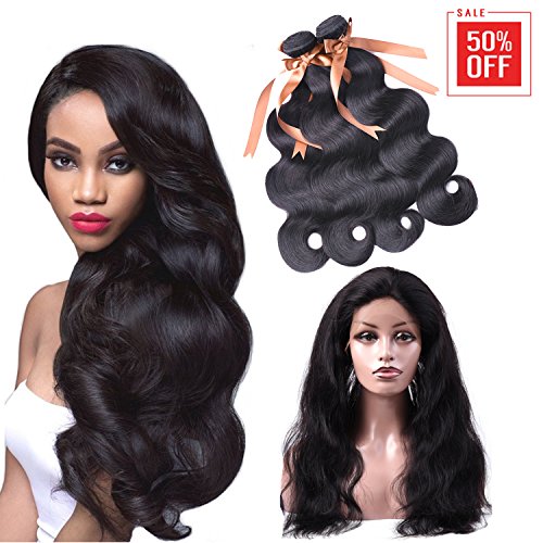 ALLRUN 360 Lace Band Frontal Closure and 2 bundles Boby Wave Hair Brazilian Virgin Hair Human Hair Full Frontal 360 Lace Frontal Closure with Baby Hair 16 16+14 inch