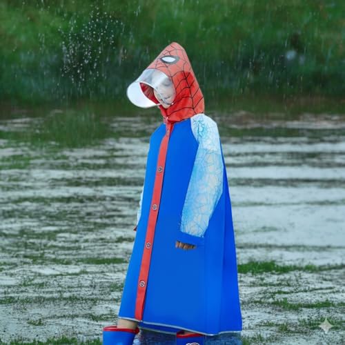 Image of PALAY Rain Coat for Kids Spider Poncho Raincoat for Kids Boys Girls with Pockets Wide Brim Hooded Poncho Safe School Bag Rain Cover Spider Print