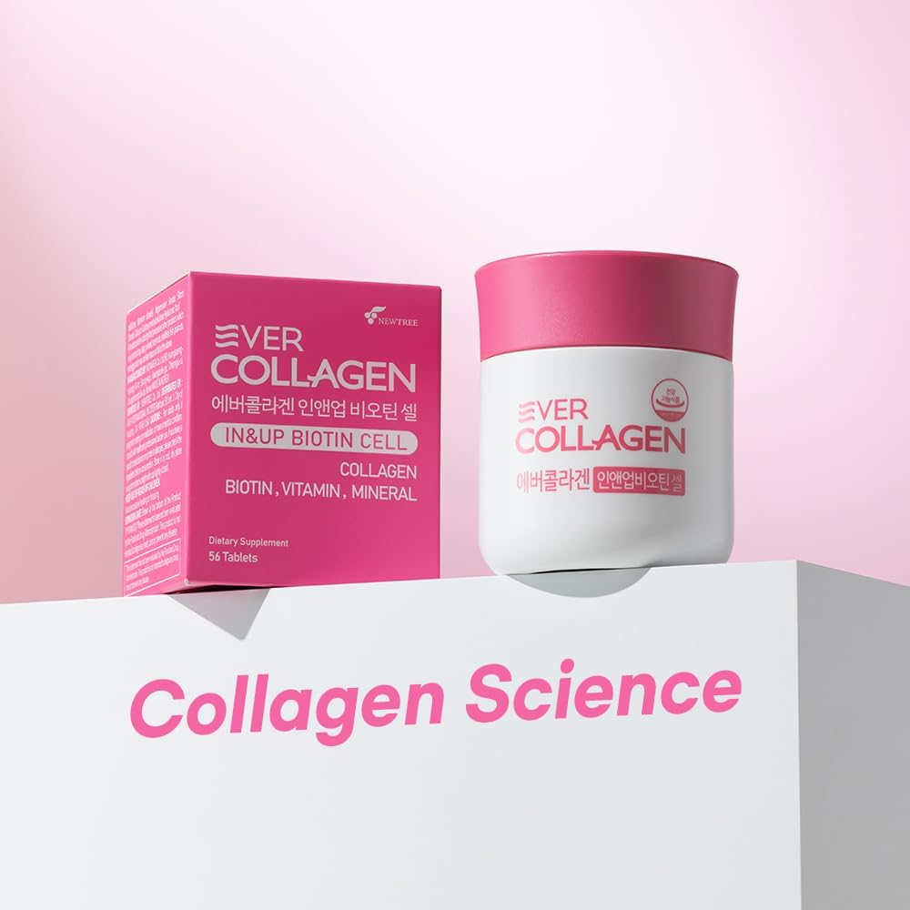 Ever Collagen in&UP Biotin Cell, Low Molecular Marine Fish Collagen Peptides Tablets with Vitamin Selenium Supplements - Healthy Skin, Hair, Nail for Women - Antioxidant Supplement