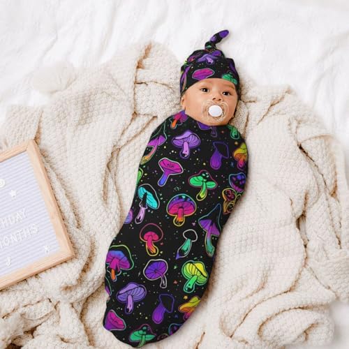 Image of Personality Mushroom Newborn Swaddling Blanket Beanie Hat Funny Blanket Sleeping Bag New Born Sleep Sacks for Boys Girls