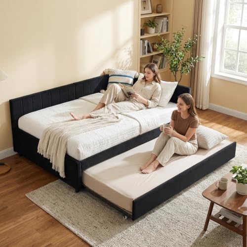 AIToWisely Queen Upholstered Tufted Sofa Bed Frame with Trundle, Velvet Black Daybed with Backrest for Living Room