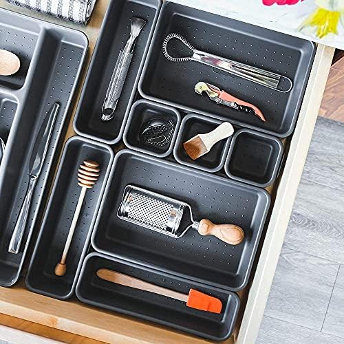 Taylor & Brown 8pc Grey Interlocking Drawer Organiser Plastic Storage Separator Tray Boxes Cutlery Compartment Kitchen Bedroom Bathroom Desk Office De-Clutter Tidy