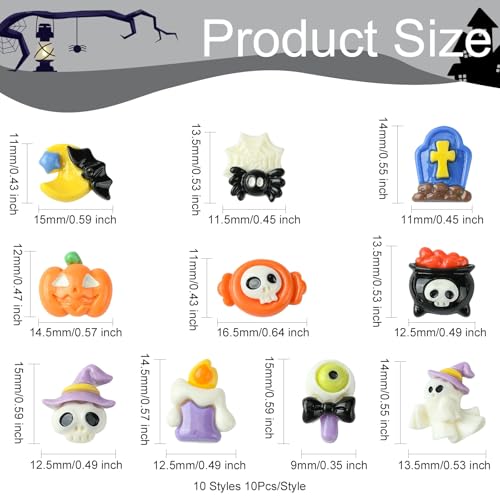 Stiesy 60 Pcs 10 Styles Halloween Theme Slime Charm No Hole Beads Resin Pumpkin Ghost Candy with Skull Spider Bat Nail Art Charm Flatback Cabochons Bulk for DIY Jewellery Craft Making - Image 2