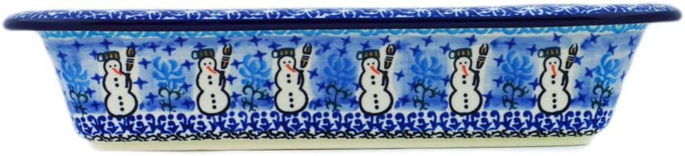 Polmedia Polish Pottery Rectangular Baker UNIKAT - Snowmen Circle Pattern Handmade in Boleslawiec Poland by Ceramika Artystyczna + Certificate of Authenticity