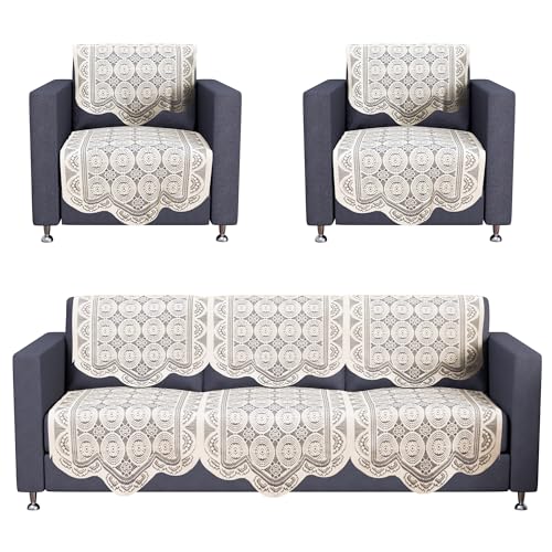 Image of Kuber Industries (Set of 10) Stylish & Durable Cotton Sofa Covers 5 Seater | Washable Sofa Protector /Mat & Slipcover for Hall, Living Room & Office | Plain Circle - Off White