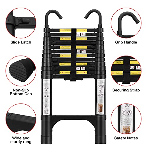 Telescoping Ladder 12.5 Ft With 2 Detachable Roof Hooks Aluminum Telescopic Extension Ladder With 2 Triangle Stabilizers, Multi-Purpose Collapsible Ladder For Household And Outdoor Working #TOP3