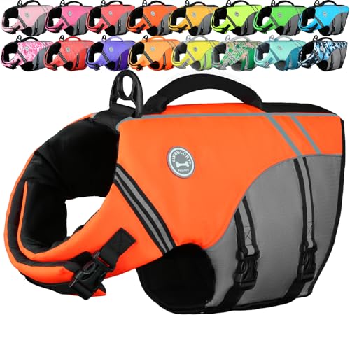 VIVAGLORY Sports Style Dog Life Vest, Dog Life Jacket for Swimming & Boating, Ripstop & Buoyancy for Puppy Doggy, Lifejacket with Handle, M, Bright Orange