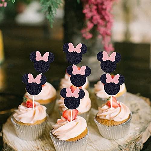 24 Pcs Black And Pink Mouse Inspired Cupcake Toppers With Bow Glitter Mini Cupcake Picks Baby Shower Wedding Kids Birthday Party Cake Decorations Supplies #TOP7