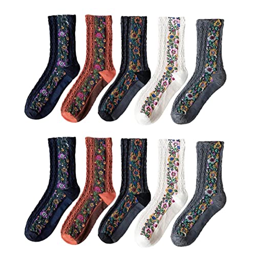 Storaffy Vintage gestickte Florale Socken Damen | 5/10 Paar bestickte Baumwollsocken | Weiche, Dicke Winter Fuzzy Thermosocken | Warme Socken mit Blumenmuster für Damen im Winter Cover