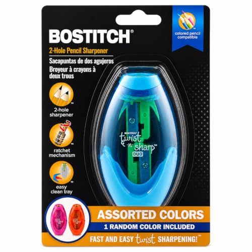 Bostitch Office Twist-N-Sharp Manual Pencil Sharpener, 2 Holes for Standard and Jumbo Pencils with Ratchet Technology, 1 Sharpener Random Color