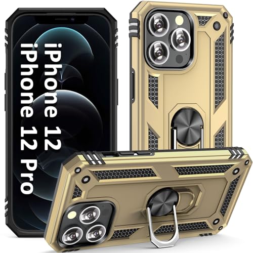 for iPhone 12/12 Pro Case,Built‑in Rotatable Metal Ring Kickstand (Gold)