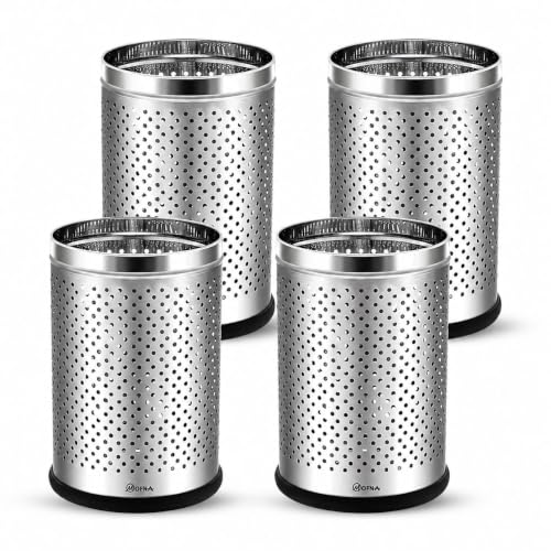 Image of mofna Stainless Steel Perforated Silver Dustbin for Home, Trash Can with Anti-skid Base, Garbage Bin for Bathroom, Office, Kitchen Commercial Use- (8x12 In -10 Liter, Pack of 4)