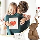 Elephant Statue Home Decor - Girl with Love Balloon Sitting on Elephant Figurine, Hand Heart Sculpture (Brown) - Image 2
