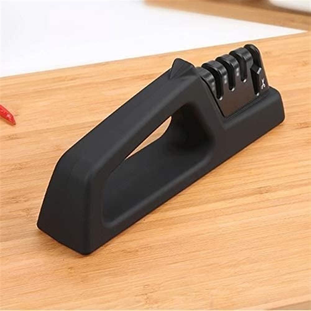Manual Knife Sharpener, 4 Stage Kitchen Knife Sharpener, Handheld Knife Sharpening Tool with Ergonomic Handle and Non-Slip Base, Safe and Easy to Use, Black