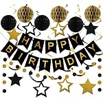meowtastic Birthday Decorations, Happy Birthday Banner with Honeycomb Balls, Star Hanging Swirl Streamers, Circle Dot Garland, Happy Birthday Party Decorations for Women Men Boys Girls (Black & Gold)