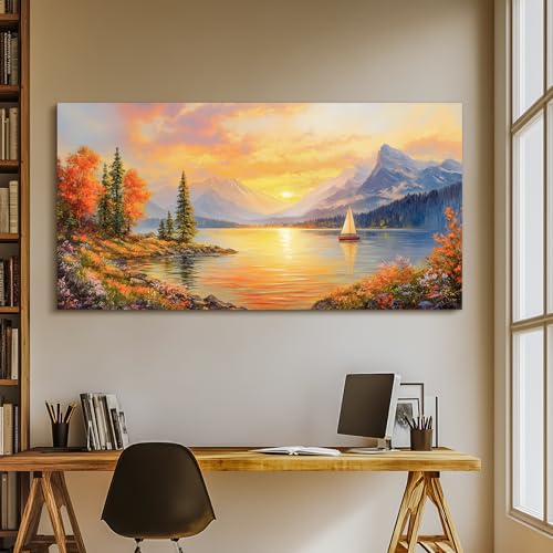 SERIMINO Autumn Landscape Wall Art, Lake Sunset Canvas Extra Large Artwork, Mountain Forest Boat Nature Art Prints, Modern Wall Pictures for Living Room Bedroom, Rustic Farmhouse Wall Decor 30"X60"