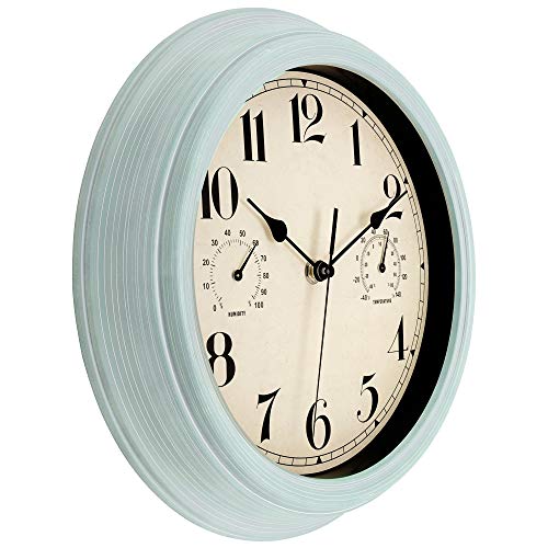 Foxtop Indoor Outdoor Waterproof Wall Clock With Thermometer And Hygrometer Combo, 12 Inch Retro Silent Non-Ticking Battery Operated Quality Quartz Round Clock For Patio Home Decor (Blue) #TOP1