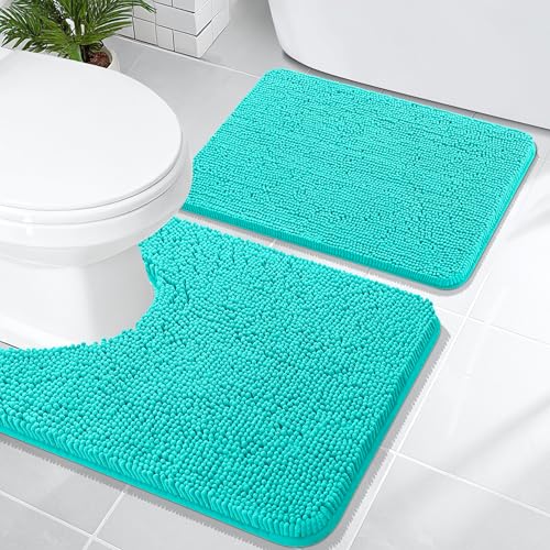 Image of OLANLY Bathroom Rugs Sets 2 Piece, Soft Absorbent Chenille Bath Mats and U-Shaped Contour Toilet Mat Area Rug Set, Machine Washable Bath Carpet, Home Decor Accessories(24 inchx16 inch+24 inchx20 inch, Teal)