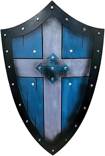 Medieval Wooden Templar Shield, Black Cross on Turquoise Blue, 27x16 Inch, Decorative Metal Studs, Heater Style