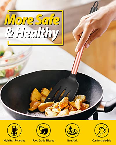 Image of Pack of 2 Silicone Solid Turner, Non Stick Slotted Kitchen Spatulas, High Heat Resistant BPA Free Cooking Utensils, Ideal Cookware for Fish, Eggs, Pancakes(Rose Gold Black)
