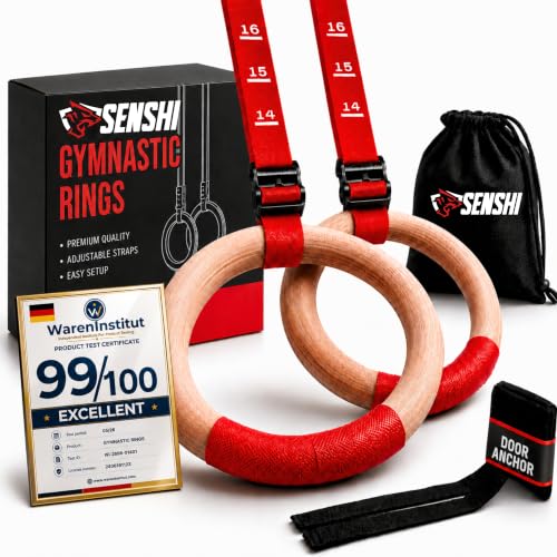2021 Winner Wooden Gymnastics Rings With XXL Straps Neoprene Hanging Straps Withstand Upto 150KG Superior Comfort & Grip Calisthenics Ring Thick 32mm Hoops With Door Anchor Grip Tape & Carry Bag