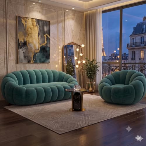 Image of CRAFTCITY Pumpkin Style Wooden Sofa | Contemporary Wool Sofa with Swen Pillow Back for Living Room (Sea Green, 4 Seater)