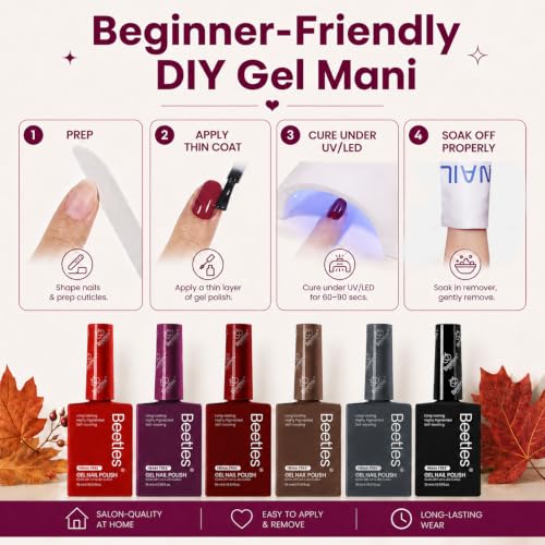 Image of Beetles Fall Gel Polish Set, Burgundy Dark Red Brown Black Gray Colors,Hema-Free | 6 PCS 15ml Full Size Gel Nail Kit, Midnight Elegance, UV Nail Polish Color DIYManicure Home Salon