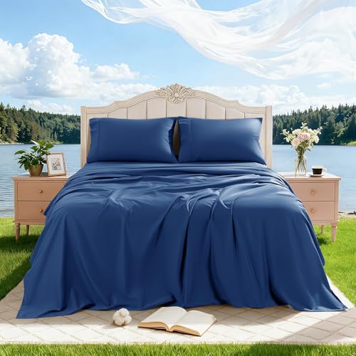 Image of 100% Egyptian Cotton Sheet Set 4 Pcs Queen Size Sheets 1000 Thread Count Breathable Soft Bedding Set Fitted Sheet with 16 inch Deep Pocket (Queen, Navy Blue)