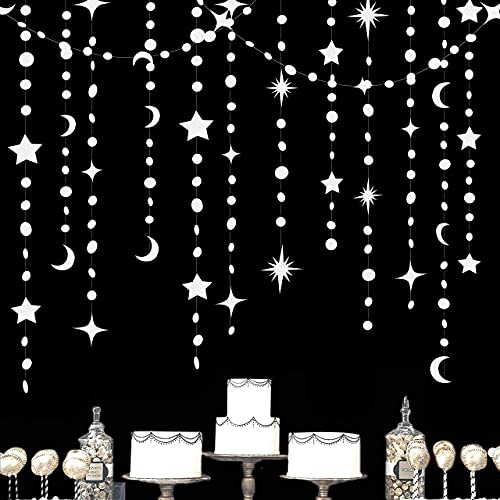 Image of White Star Moon Party Decorations Hanging Circle Dot Garland Crescent Twinkle Little Star Streamer Bunting Banner for Wedding Engagement Anniversary Bridal Shower Celestrial Birthday Decor Supplies