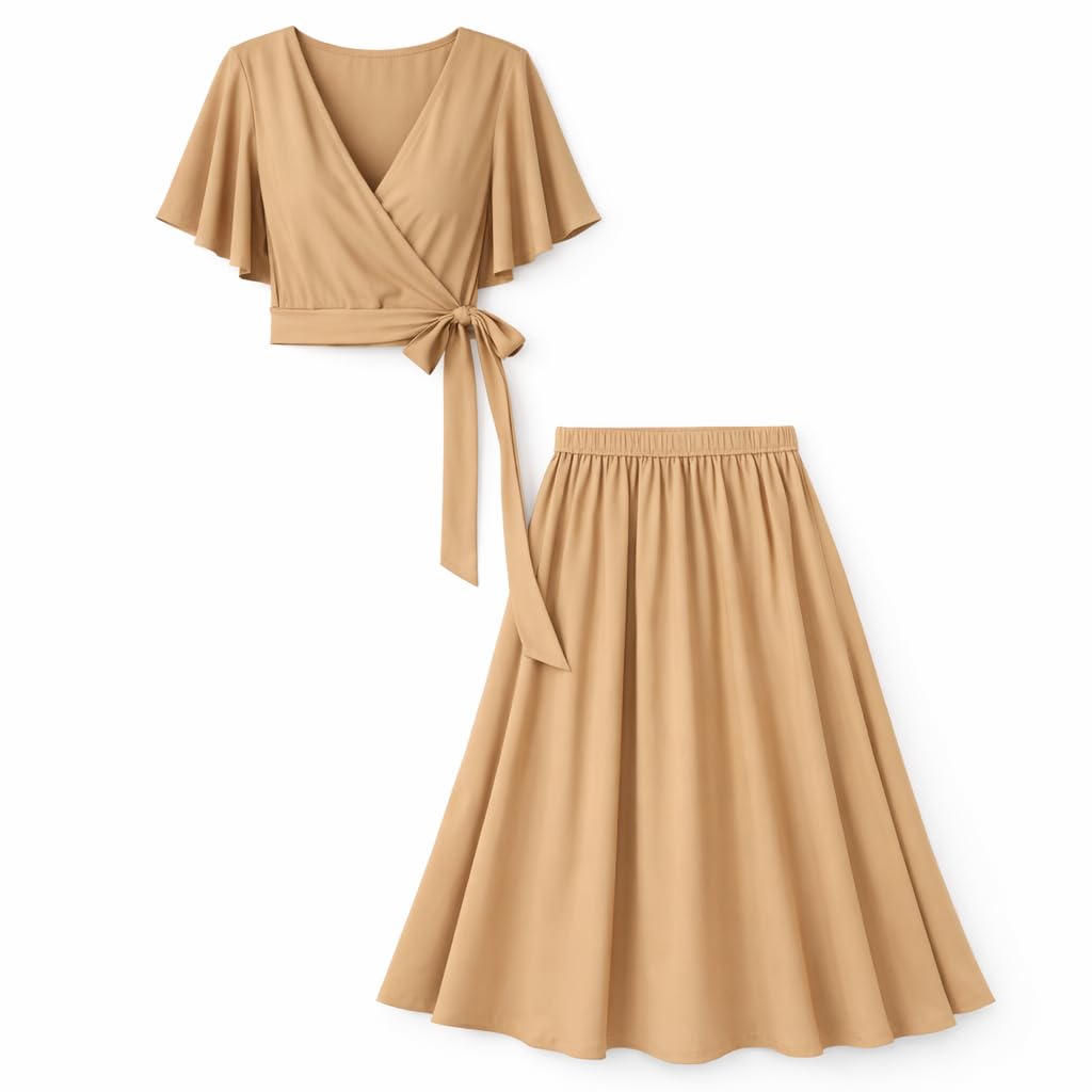 Women's Two-Piece Cotton Blend Crop Top and A-Line Midi Skirt Set, Casual Style, Regular Fit, Free Size