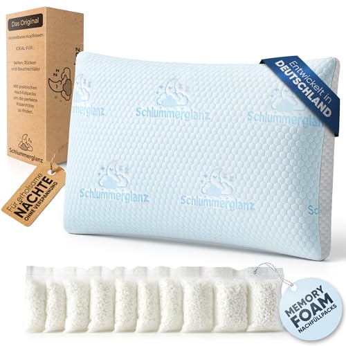 Schlummerglanz Memory Foam Kissen - Kopfkissen 40x80 höhenverstellbar - Pillows for Sleeping für Seitenschläfer und andere - Premium Füllung gegen Nackenschmerzen - richtige Höhe Finden -2er Set