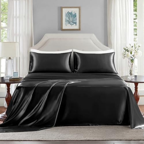 Satin Sheets Full Size - 4 Pieces Luxury Silky Soft Bed Sheets, Wrinkle-Free Black Satin Silk Sheet Set with 1 Deep Pocket Fitted Sheet, 1 Flat Sheet, 2 Pillow Cases - Image 3