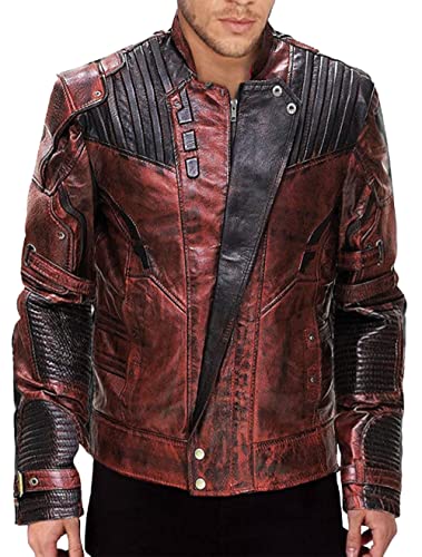 Spazeup Mens Guardians Distressed Red Maroon Leather - Peter Quill Star Lord Coat Galaxy Real Leather Jacket Large