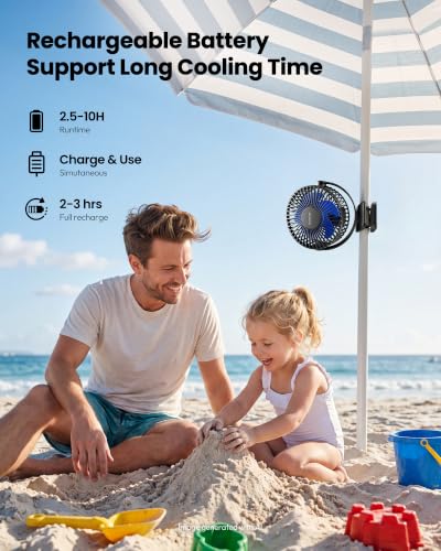 Image of Gaiatop Portable Clip on Fan Battery Operated, Small Powerful 3 Speed Quiet 360 Rotate, USB Rechargeable Mini Personal Cooling Fan for Desk Table Home Office Stroller Camping Women Gifts Black Blue