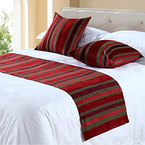 Osvino Striped Bed Runner Chenille Durable Washable Bedding Throw Hotel Bedroom Wedding Room Guesthouse Decorative Scarf, Red, Twin #TOP28